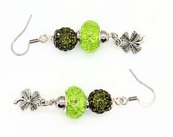 Green Pave Clover Charm Earrings, Sparkly St. Patrick's Day Earrings with Stainless Steel Hooks, Glittery Two-Tone Green Jewelry, Irish Luck