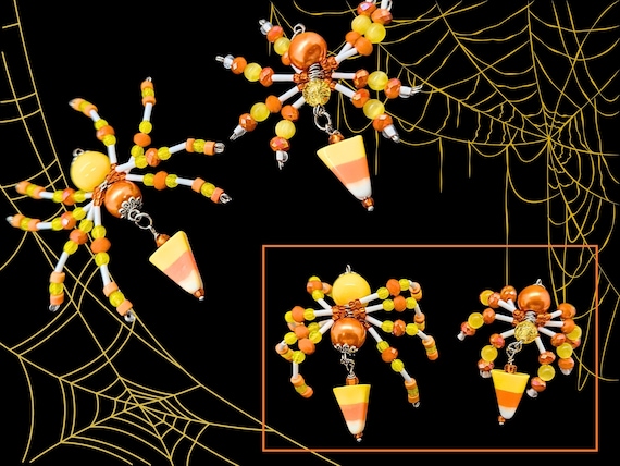 Handmade beaded spiders with candy corn bodies are a genuinely weird, delightful piece of seasonal craft that someone clearly sat down and made bead by bead — instant shelf conversation starter.