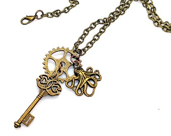 Steampunk Style Bronze Chain Pendant Necklace with Key Gear and Octopus Charms, Steampunk Jewelry, Chain Necklace, Custom Length