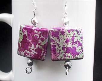 Large Square Purple Earrings with Silver Nugget Beads and .925 Sterling Silver Filled Hooks, Lightweight Acrylic Earrings, 2-1/2in