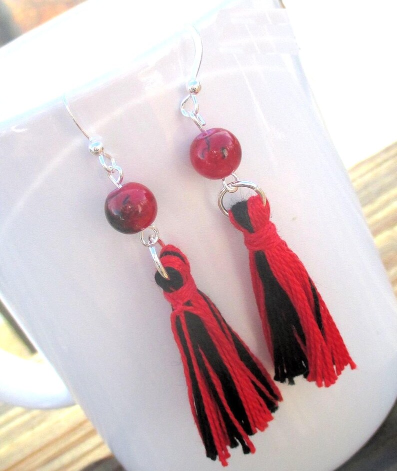 Red Black Tassel Earrings with .925 Sterling Silver Filled Hooks and Handmade Cotton Tassels, Colorful Tassel Jewelry for Women 2-3/4in image 3