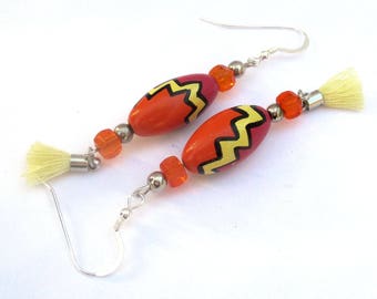 Orange Pink Yellow Earrings, Funky Retro Mod Colorful Pop Art Wood Bead Tassel Jewelry, Party Weekend Boho Bohemian Fashion Style, 2-3/4in