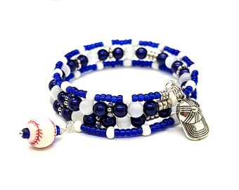 Blue and White Baseball Charm Bracelet with Baseball Cap and Baseball Charms, Baseball Lover Gift, Seed Bead Bracelet, One Size Fits Most
