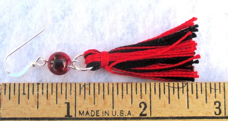 Red Black Tassel Earrings with .925 Sterling Silver Filled Hooks and Handmade Cotton Tassels, Colorful Tassel Jewelry for Women 2-3/4in image 2