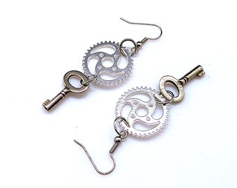 Steampunk Gear Earrings with Silver Tone Key Charms and Stainless Steel Hooks, Metal Steampunk Jewelry, Funky Trendy Earrings, 2-1/2in