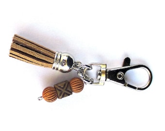 Brown Tassel Zipper Pull with Beaded Charm, Silver Accessory for Purse, Backpack Charm, Clip On Purse Charms, Tassel Charms for Handbag
