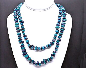 Turquoise and Navy Tagua Nut Necklace, Long Layering Beaded Necklace with Silver Spacers, Bold Colorful Boho Hippie Style Jewelry, 42-1/2in