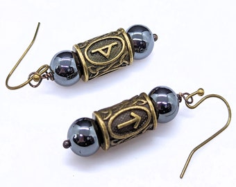 Viking Rune Bead Earrings with Hematite, Elder Furthark Norse Mythology Jewelry, Choose Two Runes Per Pair, Runic Alphabet, 1-3/4in