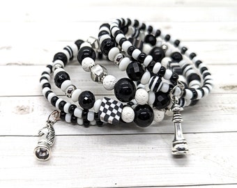 Chess Charms Coil Bracelet, Lava Stone Catseye Bead Black Onyx Wrap with Black White Check Design, Memory Wire Bracelet / One Size Fits Most