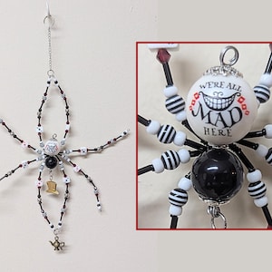 Wonderland Beaded Hanging Spider, Mad Hatter Teapot Top Hat Ornament, Fantasy Gothic Whimsical Home Decor, OOAK Gift