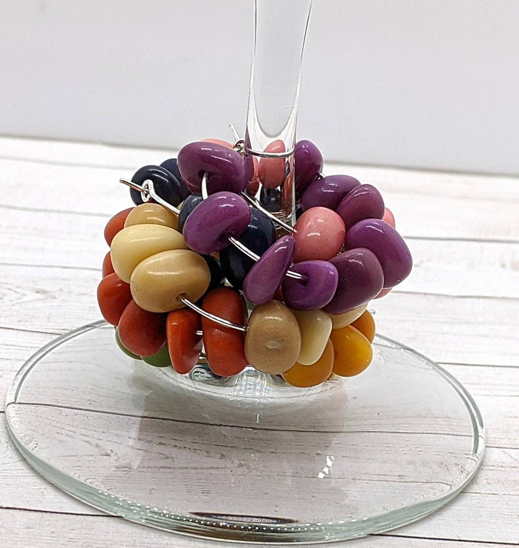 Tagua Wine Glass Charms, Stemware Hoops, Silver Drink Identifier Rings