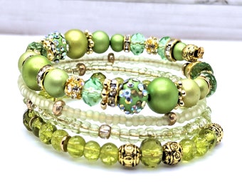 Sparkly Green Multistrand Bracelet with Rhinestones and Gold Accents, Memory Wire Coil Wrap with Seed Beads and Pearls, One Size Fits Most