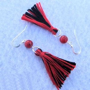 Red Black Tassel Earrings with .925 Sterling Silver Filled Hooks and Handmade Cotton Tassels, Colorful Tassel Jewelry for Women 2-3/4in image 4