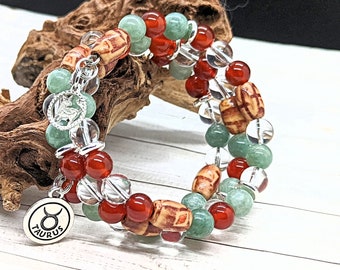 Taurus Bull Coil Bracelet with Burmese Jade Carnelian and Crystal Quartz Gemstones, April May Astrology Birthday Gift, One Size Fits Most