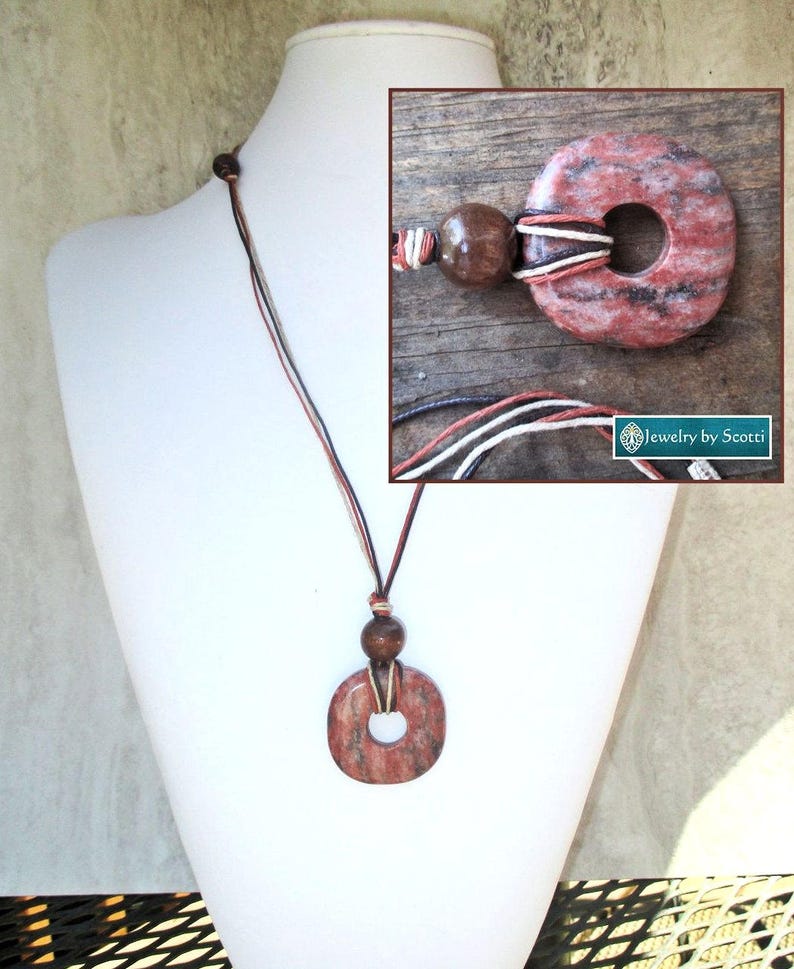 23in October Birthstone Unisex Jewelry Aries Virgo Birthstone Earthy Jasper Gemstone Pendant Necklace with Wood Beads and Cotton Cord