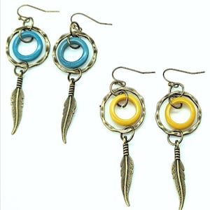 Tagua Nut Bronze Feather Earrings with Bronze Hoops, Funky Boho Jewelry for Her, Yellow Turquoise Black Available, Brass Hooks, 3in
