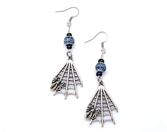 Spider Web Charm Earrings with Gray Agate Gemstone Beads and Stainless Steel Hooks, Halloween Spooky Creepy Goth Style Jewelry, 2-3/4in