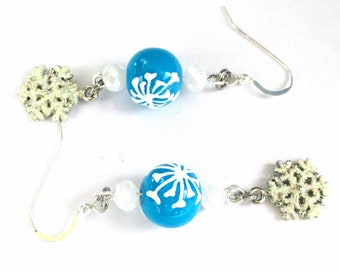 Hand Painted Snowflake Blue Turquoise Lampwork Glass Earrings with Sterling Silver, Winter Holiday Party Jewelry, Christmas Gift, 2-1/2in