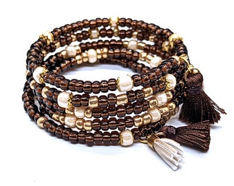 Brown and Gold Coil Bracelet with Tassels and Beige Beads, Multistrand Wrap Bracelet for Women, Brown Jewelry Gift, One Size Fits Most