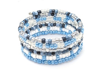 Blue White Silver Coil Bracelet, Seed Bead Jewelry, Multistrand Memory Wire Wrap in Shades of Blue, Gift for Mom Wife, One Size Fits Most