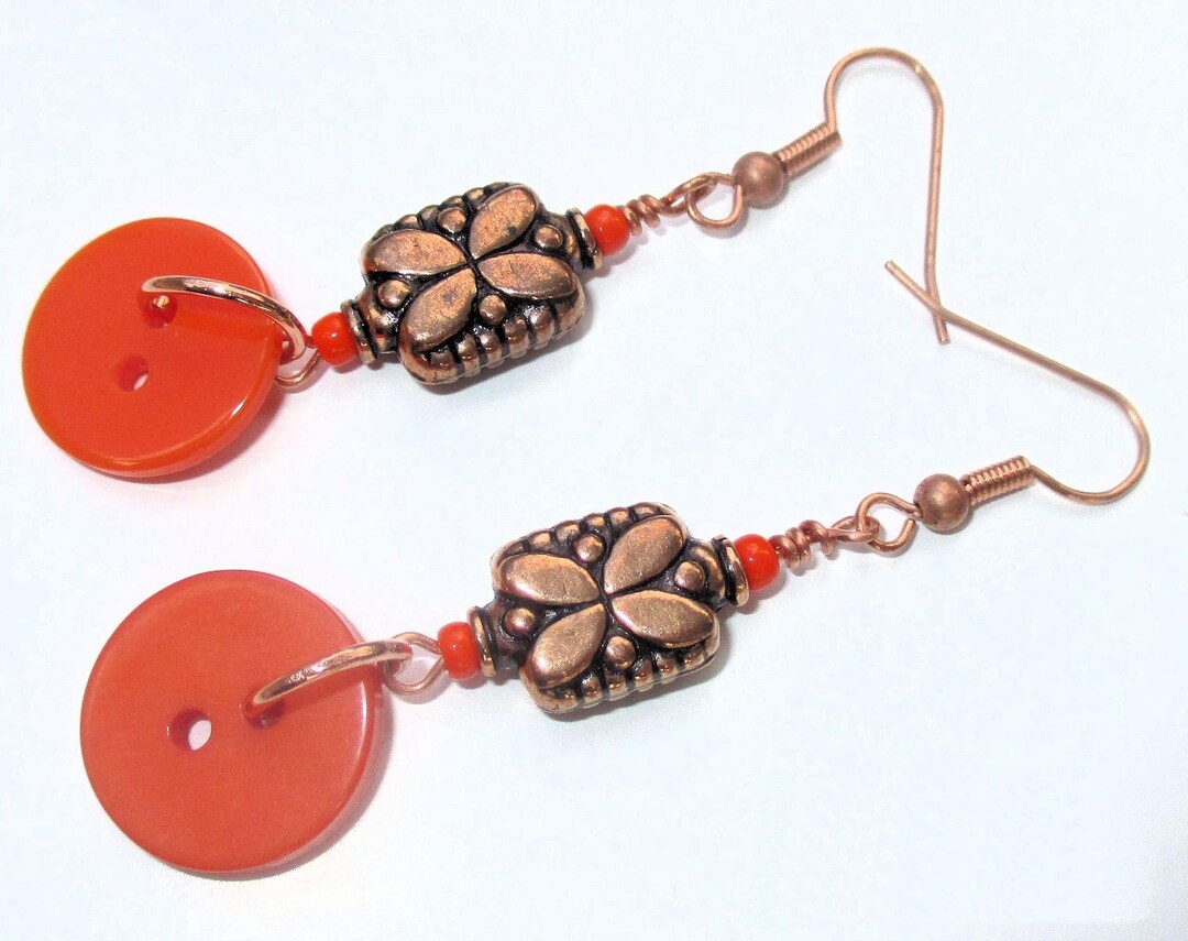Burnt Orange Button Earrings Funky Earrings Copper Jewelry Etsy