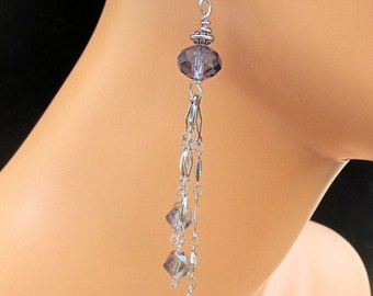 Purple Crystal Sterling Silver Earrings, Elegant Sparkly Chain Jewelry for Special Event Party, Long Dangle Earrings 4-3/4in / Matching Neck