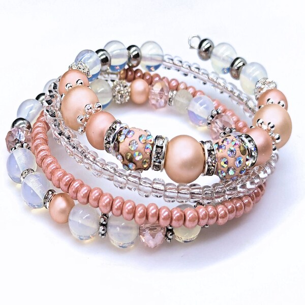 Peachy Pink Coil Bracelet, Multistrand Glass Rhinestone Opalite Bead Wrap on Memory Wire, Pink Peach and Crystal Clear Seed Bead Jewelry