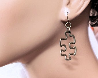 Bronze Puzzle Piece Earrings with Bronze Hooks, Jigsaw Puzzle Lover Gift, Autism Awareness and Acceptance Jewelry, 2in