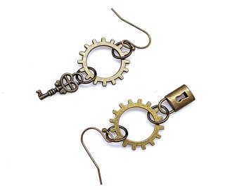 Key Padlock Charm Earrings in Steampunk Style with Gears and Antiqued Brass Hooks, Funky Trendy Earrings, 2in