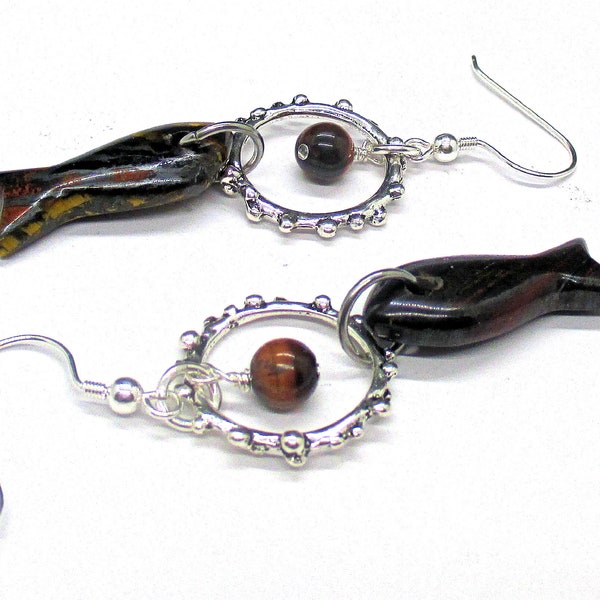 Fish Gemstone Earrings, Jasper and Red Tiger Eye Earrings, Pisces Fish Earrings, Talisman Jewelry, Christian Symbol Earrings, 2-1/2in