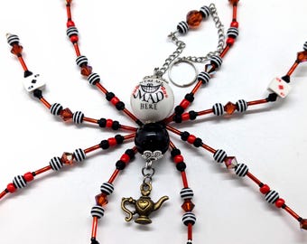 Wonderland Beaded Spider Decor, Hanging Card Suit Spider, Mad Hatter Teapot Top Hat Ornament, Gothic Whimsical Home Decor, OOAK Gift