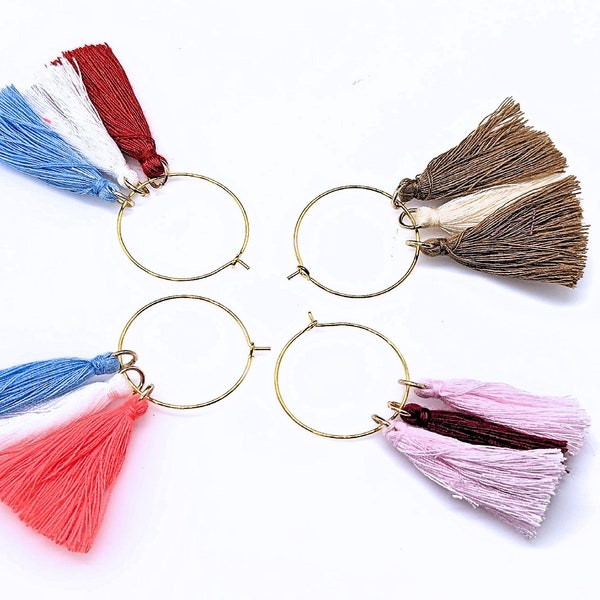 Cotton Tassel Earrings in 4 Color Combinations on Gold Tone Hoops // Flirty Fun Jewelry Gift for Her // Choose Color(s) When Ordering