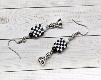 Chess Pawn Charm Earrings with Black and White Checkerboard Clay Beads, Silver Tone Charms, Stainless Steel Hooks, Chess Lover Gift, 2in