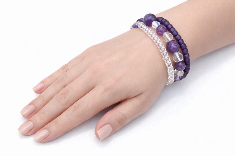Purple Amethyst Stacked Bracelet, Memory Wire Coil Gemstone Wrap, February March Pisces Birthday Jewelry Gift for Her / One Size Fits Most image 2