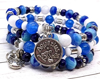 Aquarius Zodiac Coil Bracelet with Charms Sapphire Jade and Moonstone, Blue Ceramic Bead Astrology Sun Sign Jewelry, One Size Fits Most