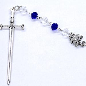 Dragon Bookmark with Antiqued Silver Sword and Wire Wrapped Blue and Clear Crystal Charms | Fantasy Book Lover Gift | 3D Sword Page Marker