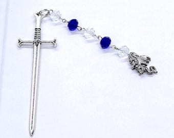 Dragon Bookmark with Antiqued Silver Sword and Wire Wrapped Blue and Clear Crystal Charms | Fantasy Book Lover Gift | 3D Sword Page Marker