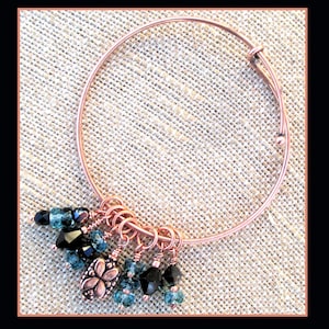 Copper Turquoise Expandable Bangle, Black Crystal Hand Wire Wrapped Bead Charm Bracelet, Best fit for wrist 7-8in.