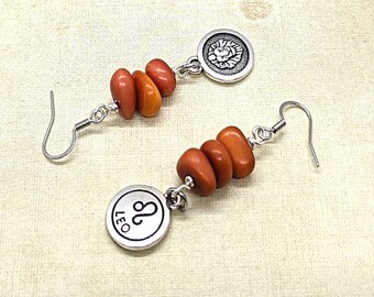 Leo Lion Tagua Nut Earrings with Stainless Steel Hooks, Orange Astrology Cosmic Star Sun Sign Jewelry, July August Birthday Gift, 2-1/2in