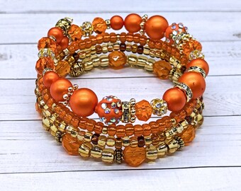 Red Orange Multistrand Bracelet with Glass Pearls, Seed Bead Czech Glass Coil Wrap, Topaz Orange Sparkly Jewelry, One Size Fits Most