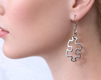 Silver Puzzle Piece Earrings | Stainless Steel Hooks | Autism Acceptance Gift | Hypoallergenic Dangle Jewelry | Puzzle Piece Symbol Earrings