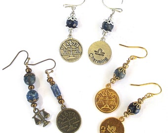 Libra Scales Zodiac Earrings, Gold Silver Bronze Astrology Sun Sign Charm Jewelry, September October Birthday Gift for Her, 2-1/4in