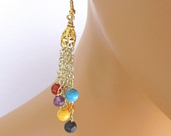 Chakra Stone Earrings with .925 Sterling Filled Gold Hooks on Gold Chain, Long Dangle Earrings for Chakra Balance Meditation Yoga, 3-1/4in