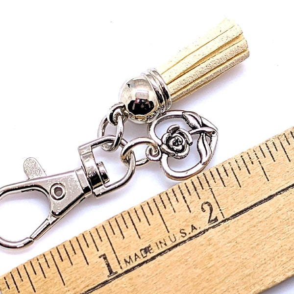 Cream Color Zipper Pull with Tassel and Silver Charm, Accessory for Purse, Backpack Charm, Clip On Purse Charm, Handbag Swag, 3in