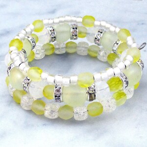 Yellow Memory Wire Bracelet, Frosted Glass Beads, Rhinestone Sparkle