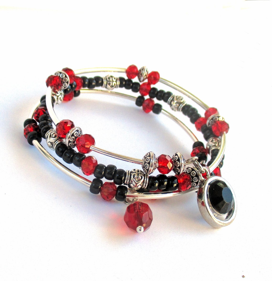 Red and Black Bracelet With Silver Accents Unique Handcrafted Etsy