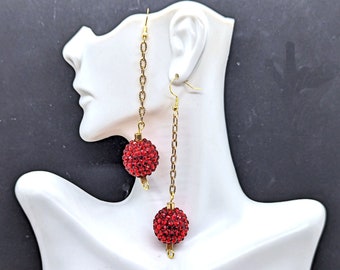 Red Disco Ball Earrings with Silver or Gold Chain and Hooks, Large Bead Sparkly Boho Rhinestone Jewelry for Parties Gifts Celebrations