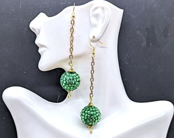 Green Disco Ball Earrings with Silver or Gold Chain and Hooks, Large Bead Sparkly Rhinestone Jewelry for Parties Gifts Celebrations