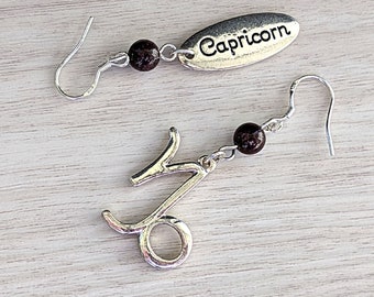 Capricorn Zodiac Mismatched Earrings with Sterling Silver Hooks, Garnet Gemstone Sea Goat Charm Jewelry for December January Birthday, 2in