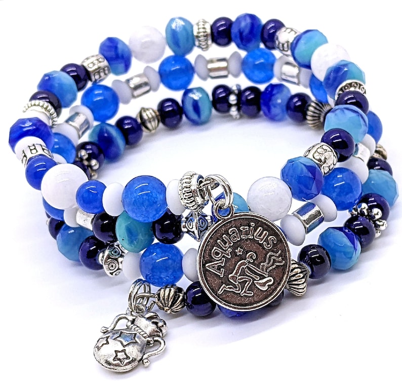 Aquarius Zodiac Coil Bracelet With Charms Sapphire Jade and Moonstone